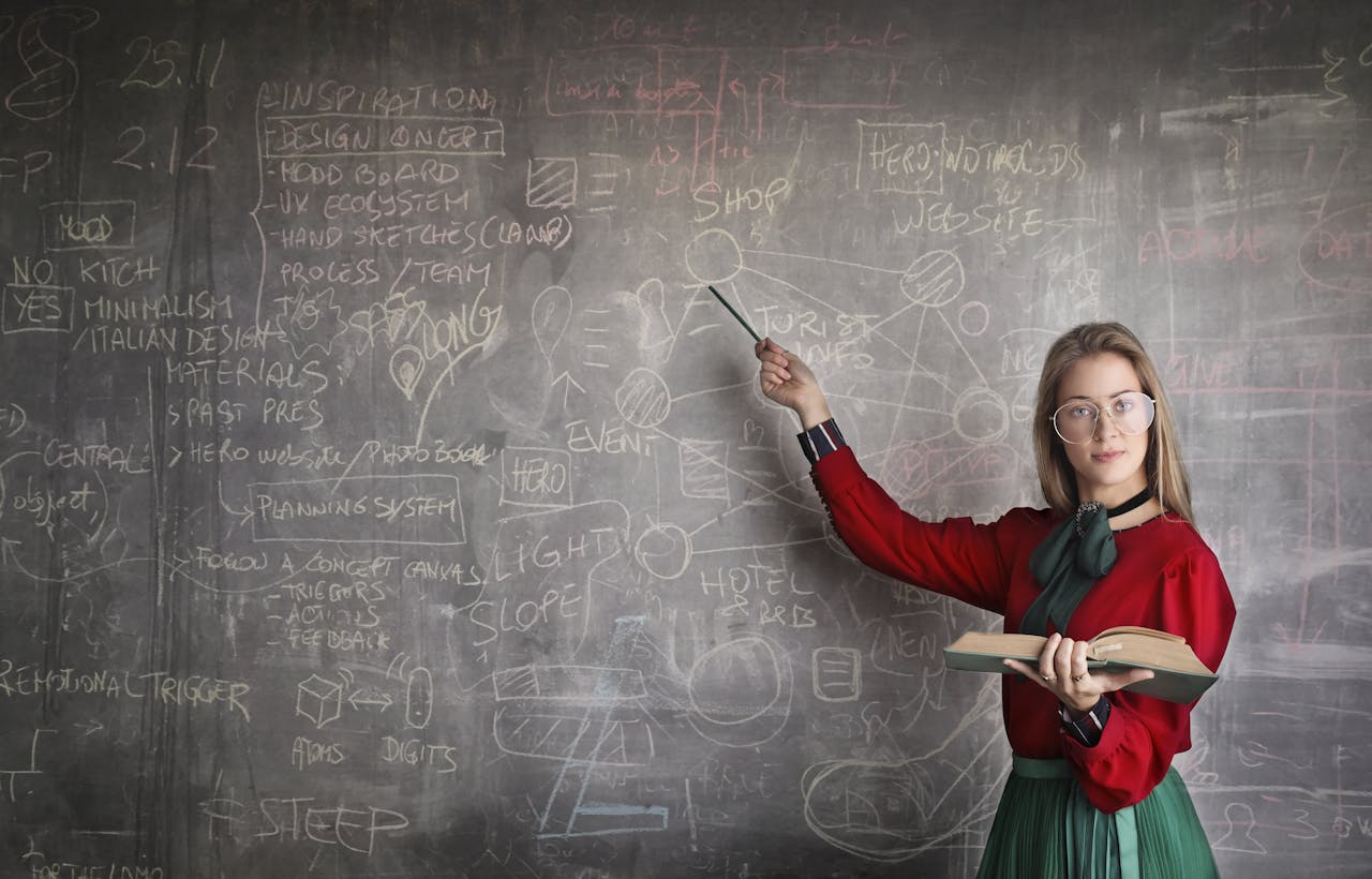 strict female teacher with book pointing at scribbled blackboard 3771074